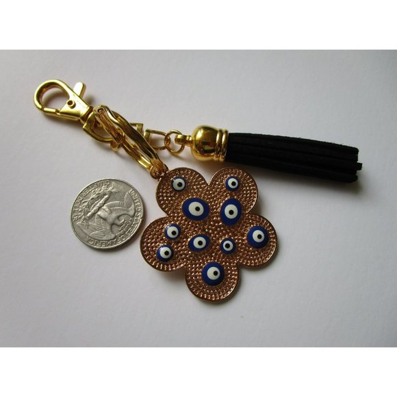 Gold tone blue evil eye flower charm key chain black leather tassel purse charm - Picture 7 of 10